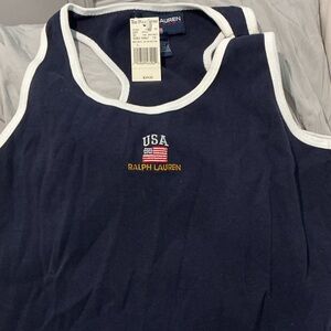 Ralph Lauren Women’s Navy Tank Top with White Trim and Flag Embroidery